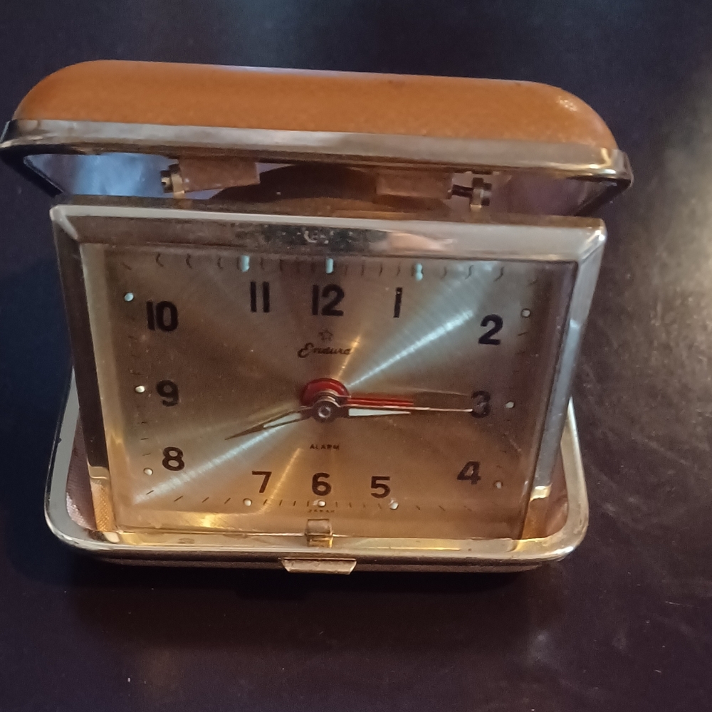 Vintage Endura "Starlet" Hard Case Folding Travel Wind Up Alarm Clock-Brown Case